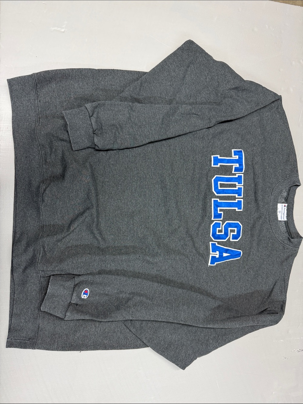 Champion Charcoal Gray Tulsa Crewneck Sweatshirt with Blue and White Lettering
